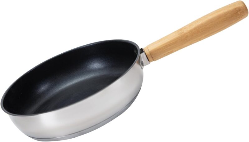 8" Frying Pan Skillet 304 Stainless Steel Nonstick Cookware, Detachable Bamboo Handle with Tote Bag - Use On Open Flame, Charcoal, Wood, Stove or Induction Cooker