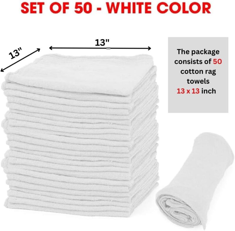 Shop Towels – Pack of 50 Reusable Cleaning Rags – Durable Quality Cotton – 13" x 13"– Machine Washable – Suitable for All Purposes (White) - Image 2