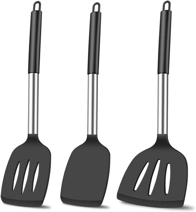 3pc Spatula Set - Silicone Fish Spatulas for Nonstick Cookware & Woks, Heat Resistant, Long & Large Size