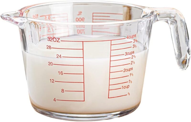 X-Large Tempered Glass Measure Cup - Incremental Measurements - 32 oz. - 4 Cup or 1000L- 10DL Multi Purpose Measuring, Liquid & Dry Ingredients - Kitchen Tool - Red