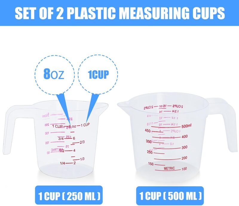 2 Pack Measuring Cup Set, Includes 250Ml (1-Cup), and 500Ml (2-Cup) Plastic Liquid Measuring Cups- Baking, Cooking, Mixing & Measuring Cups, Essential Kitchen Tools - Image 2