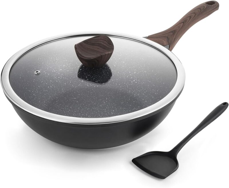 Nonstick Wok with Lid, 12 Inch Woks & Stir-fry Pans, Granite Stone Coating for Cooking, Induction Cookware, Compatible with All Stovetops,  Free