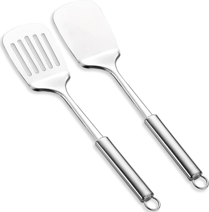 Stainless Steel Spatulas Set,  Silver Slotted , Solid , Heavy Duty Sturdy Kitchen Spatula High Heat Resistant, Ideal Cookware for Fish,Eggs,Pancakes, Dishwasher Safe, Easy to Clean