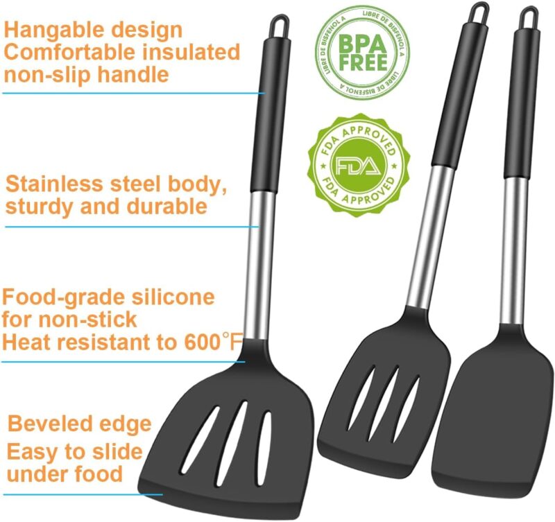 3pc Spatula Set - Silicone Fish Spatulas for Nonstick Cookware & Woks, Heat Resistant, Long & Large Size - Image 2