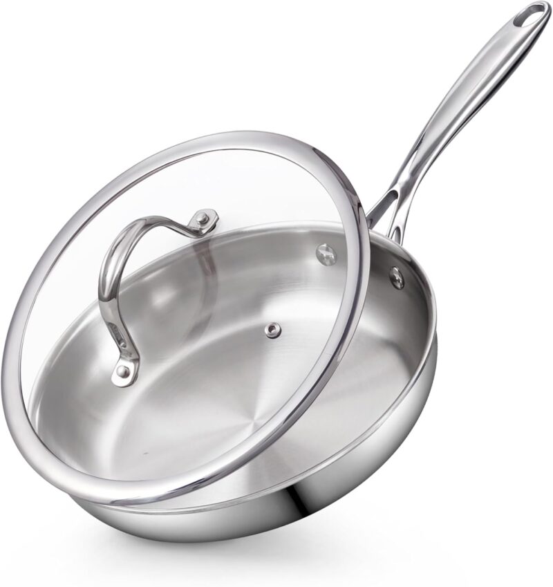 Stainless Steel Frying Pan with Lid, 12-Inch Multi-Ply Clad Wok Stir Fry Pan, Kitchen Skillet, Silver