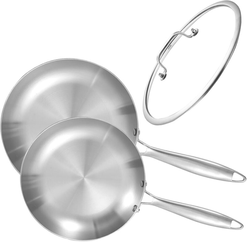 8.5-10 Inch Tri-ply Stainless Steel Frying Pan Set with Lid,Skillets,Induction Chef's Cooking Pan,Pots and Pans Set,Dishwasher and Oven Safe,10 Inch Pan with Lid.