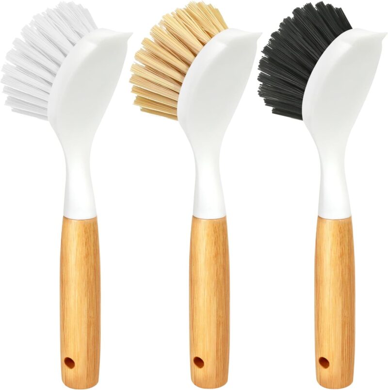 3 Pack Dish Brush Set with Bamboo Handle, Kitchen Brushes for Cleaning Pot, Sink and Stove, Skillet Scrubber with Tough Bristles for Cast Iron Grill Pan, Yellow White Black