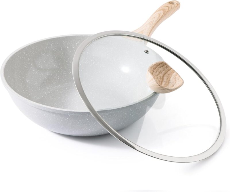 Ceramic Wok Pan, 12 Inch Nonstick Wok with Lid, Healthy Non Toxic Woks & Stir-fry Pans for Cooking, Induction Cookware,  &  Free