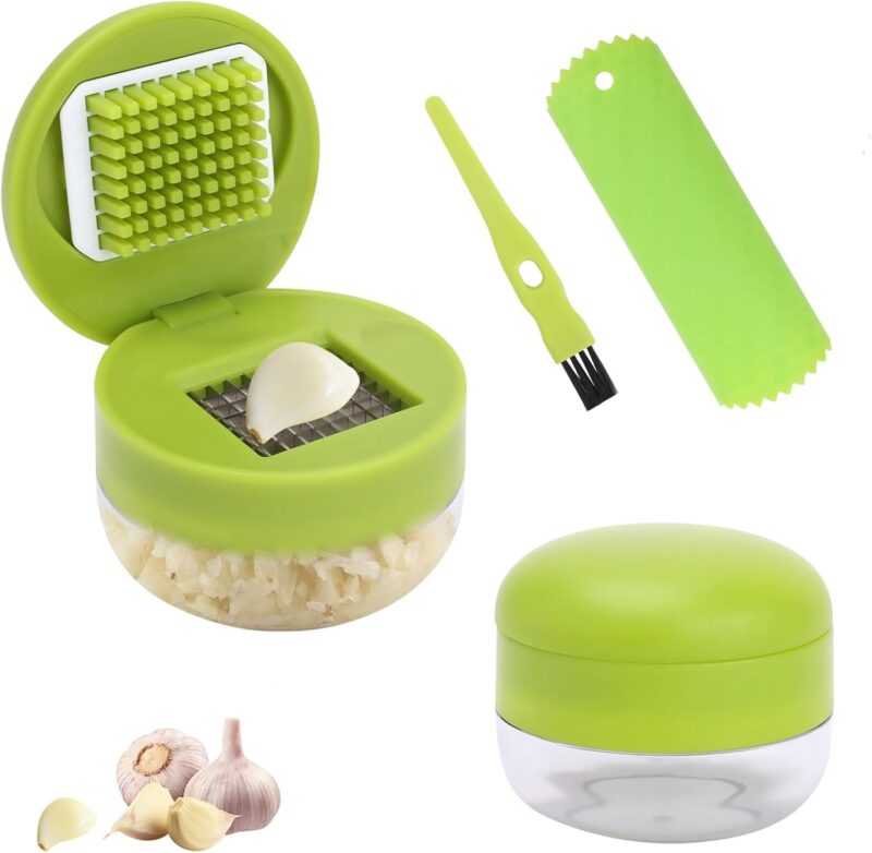 Garlic Press Set, 2 Pieces Garlic Crusher, with Silicone Garlic Peeler and Cleaner Brush, Food Grade Stainless Steel Blades, Easy to Use, for Shredded Garlic, Ginger, and Fruit