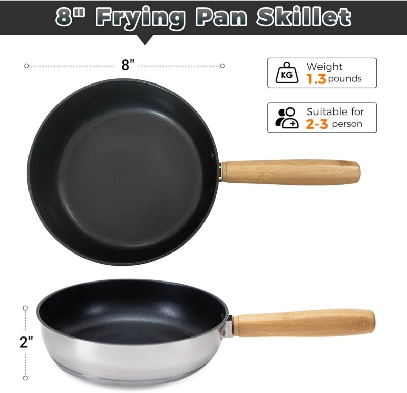 8" Frying Pan Skillet 304 Stainless Steel Nonstick Cookware, Detachable Bamboo Handle with Tote Bag - Use On Open Flame, Charcoal, Wood, Stove or Induction Cooker - Image 2