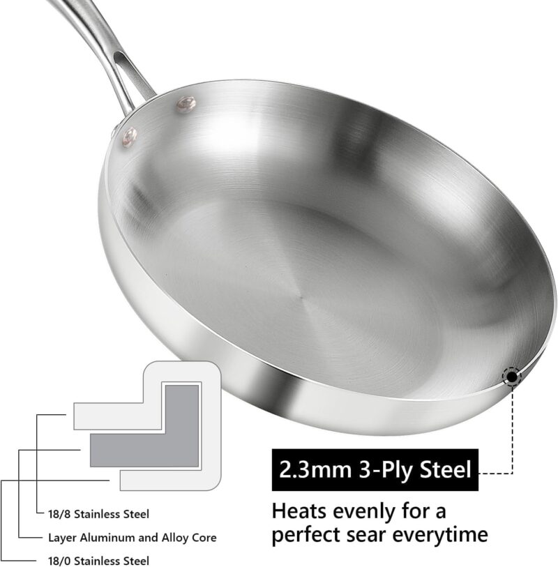 8.5-10 Inch Tri-ply Stainless Steel Frying Pan Set with Lid,Skillets,Induction Chef's Cooking Pan,Pots and Pans Set,Dishwasher and Oven Safe,10 Inch Pan with Lid. - Image 2