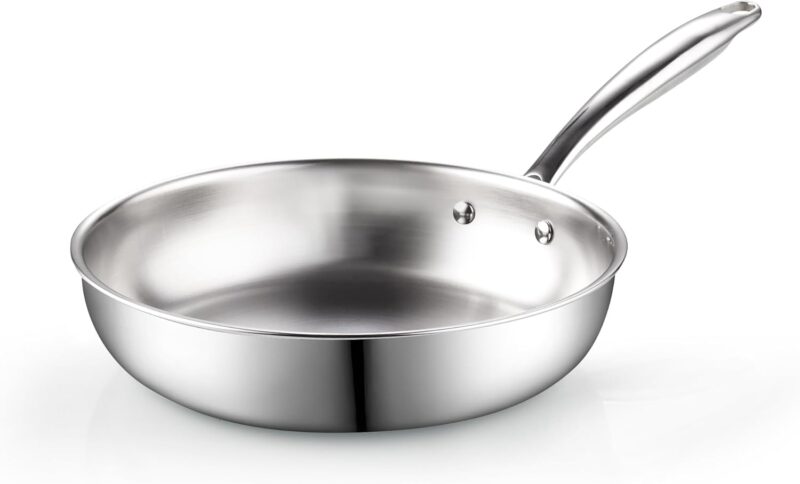 12-inch Stainless Steel Frying Pan, Tri-Ply Clad 18/10 Stainless Steel Skillet Sauté Cooking Fry Pan, Induction Cookware, Silver