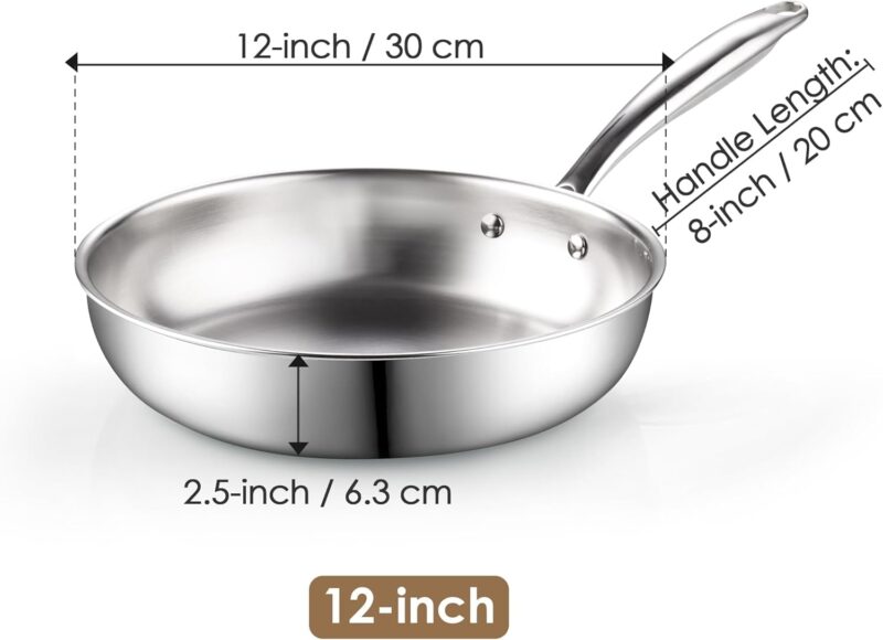 12-inch Stainless Steel Frying Pan, Tri-Ply Clad 18/10 Stainless Steel Skillet Sauté Cooking Fry Pan, Induction Cookware, Silver - Image 2