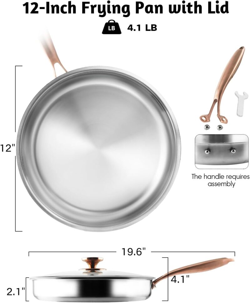 Tri-Ply Stainless Steel Pan with Lid, 12 inch Frying Pan Fully Clad Sauté Pan Induction-Ready Skillet Up to 600℉, 18/10 Stainless Steel Clad Pan with Copper Handle - Image 2