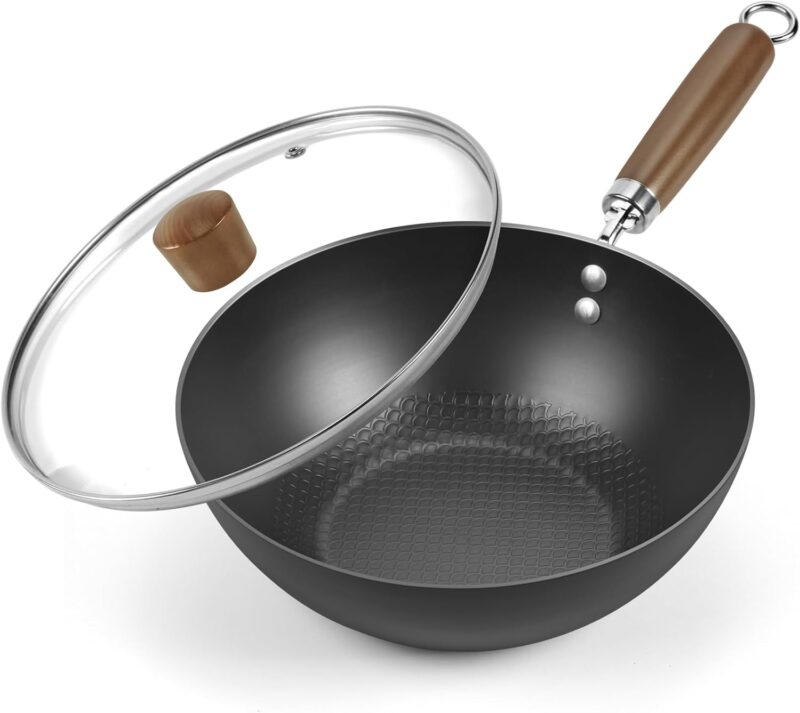 Carbon Steel Wok Pan, 9.5" Stir-Fry Pan, 1.65lb Lightweight Flat Bottom Mini Wok for 1-2 Servings
