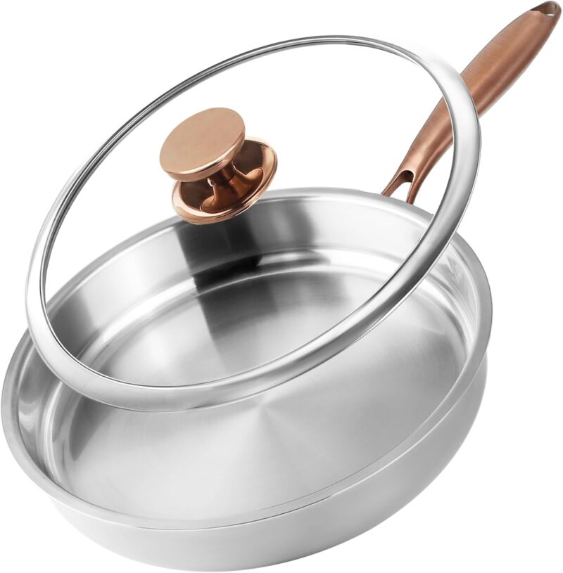Tri-Ply Stainless Steel Pan with Lid, 12 inch Frying Pan Fully Clad Sauté Pan Induction-Ready Skillet Up to 600℉, 18/10 Stainless Steel Clad Pan with Copper Handle
