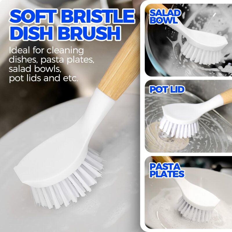 3 Pack Dish Brush Set with Bamboo Handle, Kitchen Brushes for Cleaning Pot, Sink and Stove, Skillet Scrubber with Tough Bristles for Cast Iron Grill Pan, Yellow White Black - Image 2