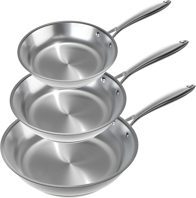 Stainless Steel Frying Pan Set 3 Piece - 8 Inch, 10 Inch and 12 Inch Fry Skillet Stainless Steel Pan, Dishwasher and Oven Safe Cookware