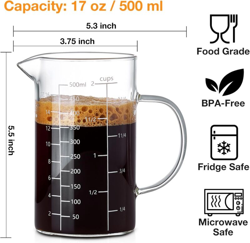 500ML 2 CUP Glass Liquid Measuring Cup With Handle, High Borosilicate Glass Three Scales (OZ, Cup, ML/CC) for Kitchen or Restaurant, V-Shaped Spout Glass Measuring Beaker, Easy To Read - Image 2