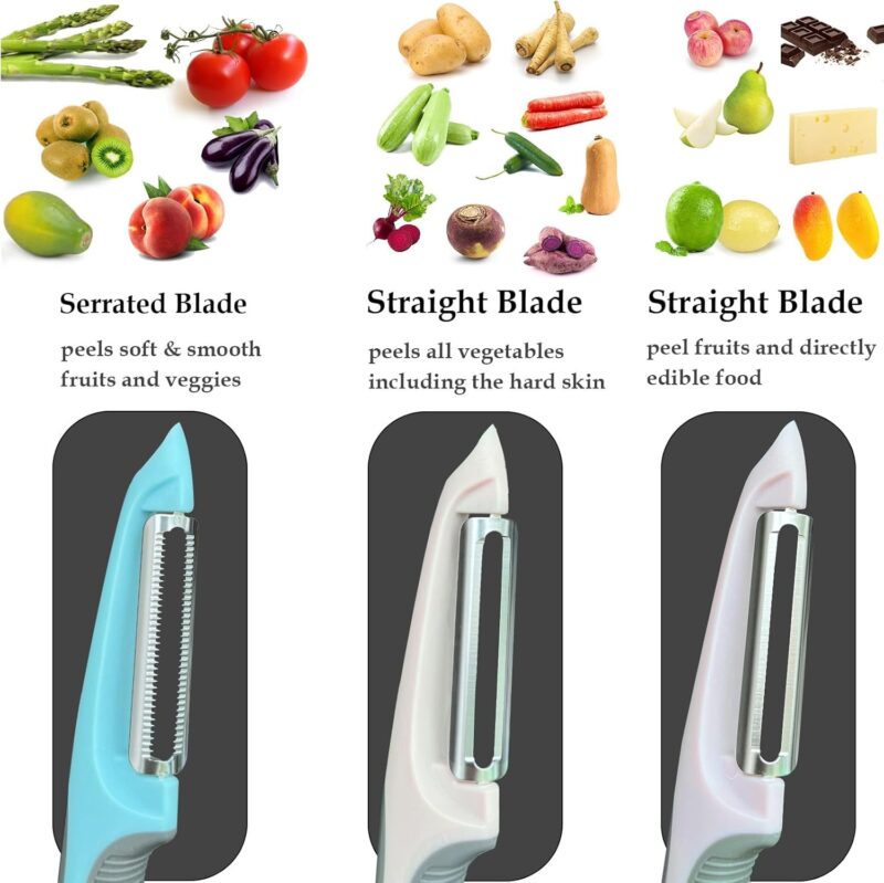 Vegetable Peeler for Kitchen with Silicone Handle, 1 Piece Serrated Peeler for Soft Skin, 2 Pieces Straight Peeler for Potato Veggie (Set of 3, Blue/Light Purple/Toasted Almond) - Image 2