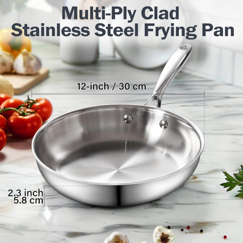 Stainless Steel Frying Pan with Lid, 12-Inch Multi-Ply Clad Wok Stir Fry Pan, Kitchen Skillet, Silver - Image 2