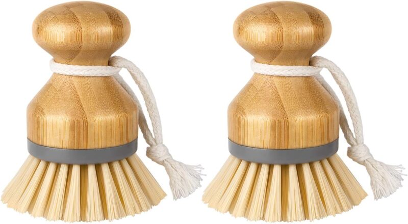 Bamboo Palm Brush, Scrub Brush for Dishes Pots Pans Kitchen Sink Cleaning, Pack of 2