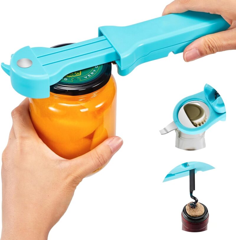 Jar Opener Bottle Opener and Lid Opener for Seniors with Arthritis, Weak Hands, Multi 7 in 1 Retractable Magnetic Can Opener, Original Kitchen Wine Opener Gadgets (Cyan)