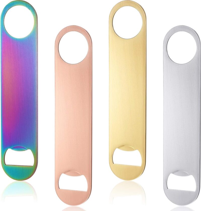 4 Pcs Heavy Duty Stainless Steel Flat Bottle Opener Bartender 7 Inch Solid Beer Opener for Bar Kitchen Wedding Birthday Party(Laser, Gradient Pink, Natural, Gold)