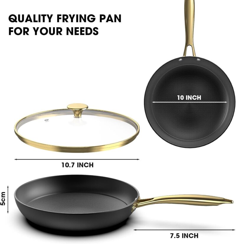 Non stick Frying Pans, Long Lasting 10 Inch Frying Pan with Lid, Professional Cast Iron Skillets Nonstick Frying Pan, Frying Pans Nonstick with Lid and Stay Cool Handle, Valentines Day Gifts - Image 2