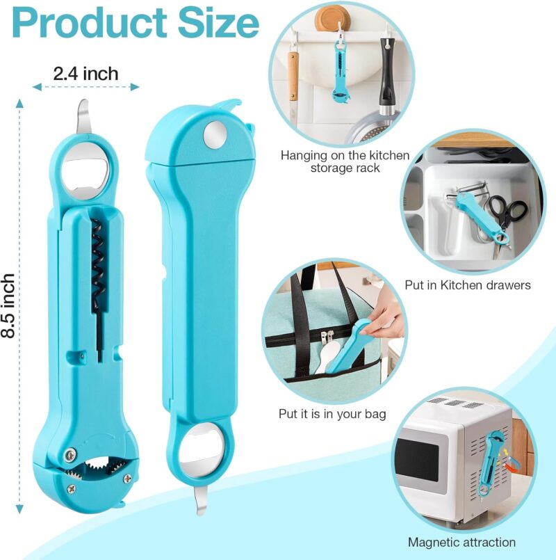 Jar Opener Bottle Opener and Lid Opener for Seniors with Arthritis, Weak Hands, Multi 7 in 1 Retractable Magnetic Can Opener, Original Kitchen Wine Opener Gadgets (Cyan) - Image 2