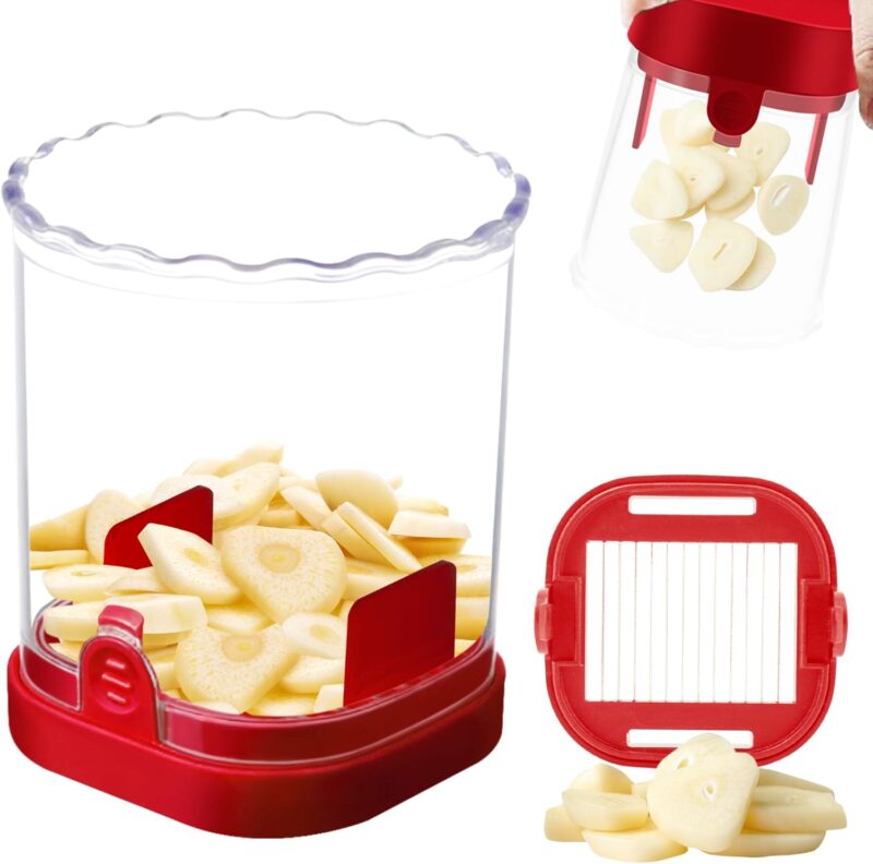 Garlic Slicer, Press Garlic Cutter, Super Thin Fast Slicer, Rust Proof, Dishwasher Safe, Easy Clean to Disassemble (Red)