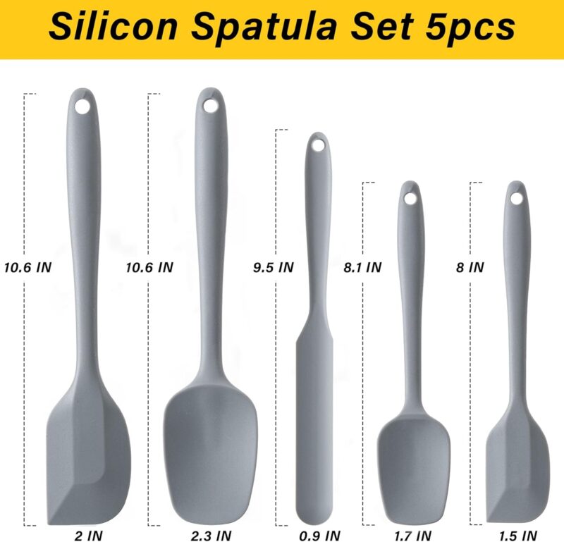 Silicone Spatula Set, 5 Piece Food Grade Rubber Spatulas for Baking, Cooking, and Mixing High Heat Resistant Non Stick Dishwasher Safe BPA-Free (Grey) - Image 2