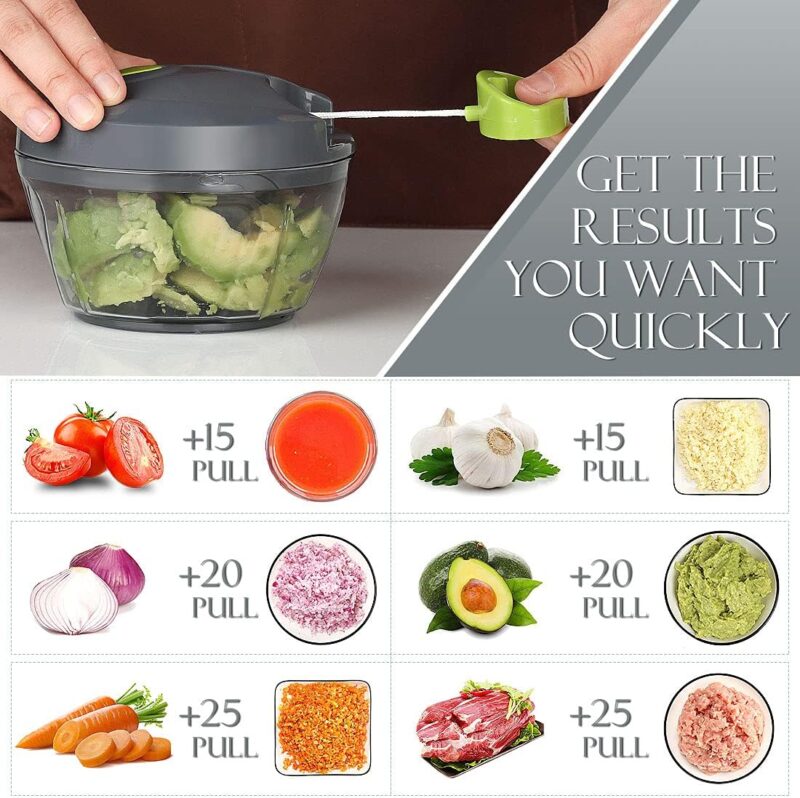 Manual Food Processor Vegetable Chopper, Portable Hand Pull String Garlic Mincer Onion Cutter for Veggies, Ginger, Fruits, Nuts, Herbs, etc., 500ml, Grey - Image 2