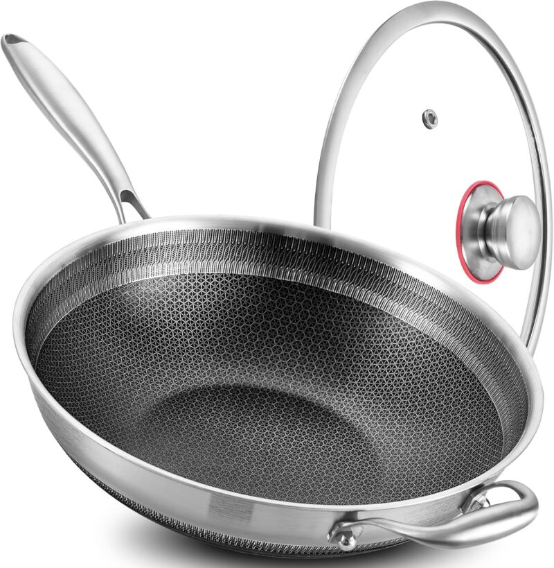 New  Tri-Ply Stainless Steel Wok Pan with Lid,Ceramic Nonstick Coating Stir Frying Pan,Induction Cooking Pan,Dishwasher and Oven Safe. (12-Inch Long Handle)