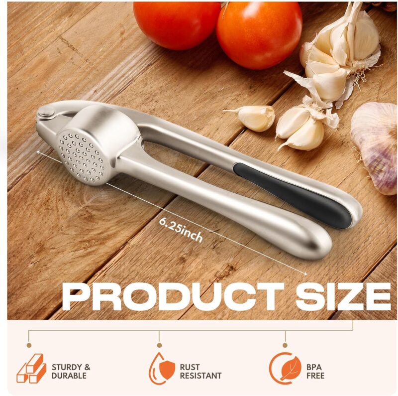 Kitchen Garlic Press Stainless Steel, Premium Rust Proof & Dishwasher Safe Garlic Mincer, Durable Garlic Crusher Set with Peeler＆Brush, Easy to Clean and Squeeze, Matte - Image 2