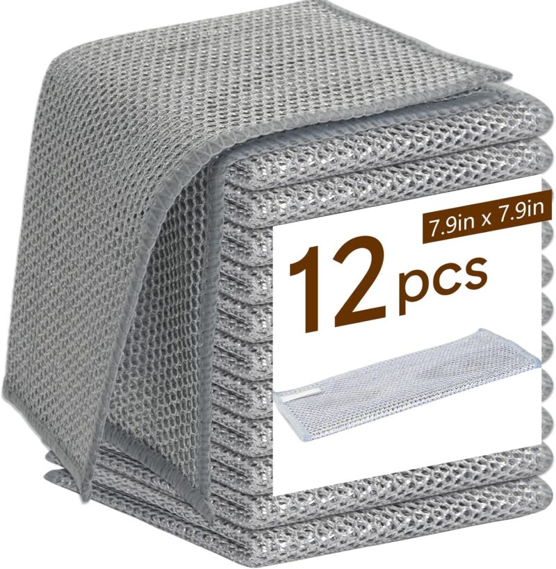 12 Pcs New Upgrade 3-Layer Metal Dish Cloth, No Scratches and No Odor, Multipurpose Wire Dishwashing Rag for Wet and Dry, Kitchen Cleaning Dishrags for Sinks, Dishes, Stove Top