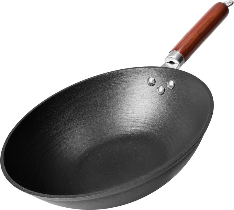 21st  Wok, Stir Fry Pan, Wooden Handle, 11 Inch, Lightweight Cast Iron, chef’s pan, pre-seasoned nonstick, for Chinese Japanese and other cooking